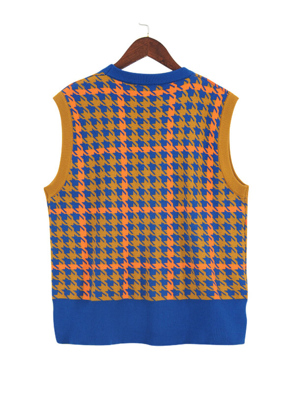 Suéter Vintage para mujer, Chaleco de punto a cuadros de Color, sin mangas, cuello redondo, otoño e invierno, azul, novedad de 2022
