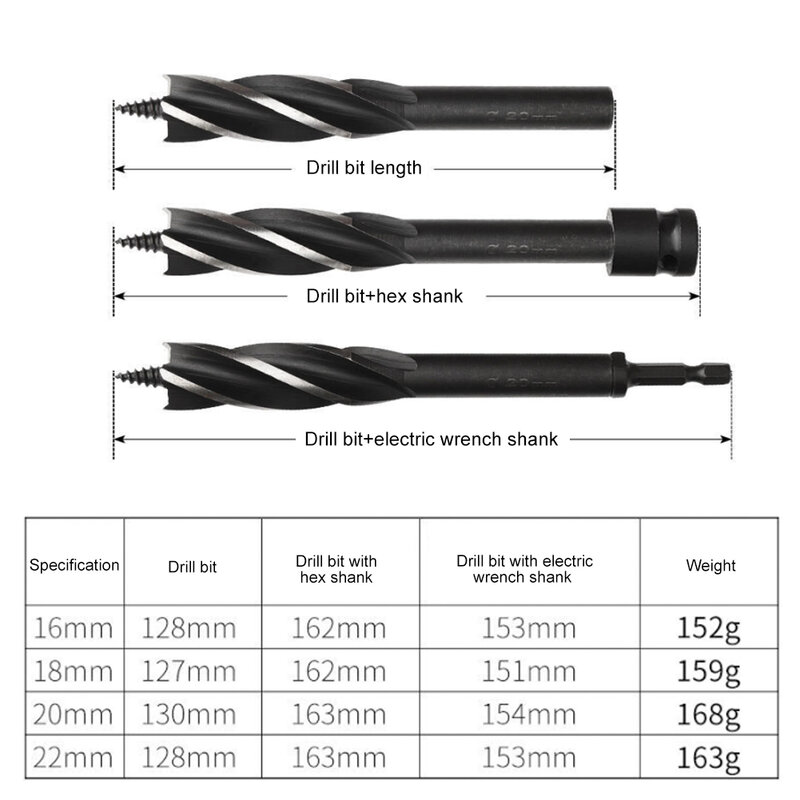 18/20/22MM 3Pcs Wood Drill Bit Set Electric Wrench Hex Shank Self-Tapping Deep Hole Drill Woodworking Drill Bits