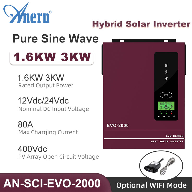 อินเวอร์เตอร์พลังงานแสงอาทิตย์ไฮบริด12V 24V 3KW 1.6KW 220V 230V อินเวอร์เตอร์เพียวไซน์เวฟ3000W 1600W ในตัวตัวควบคุมที่ชาร์จแสงอาทิตย์ MPPT 80A