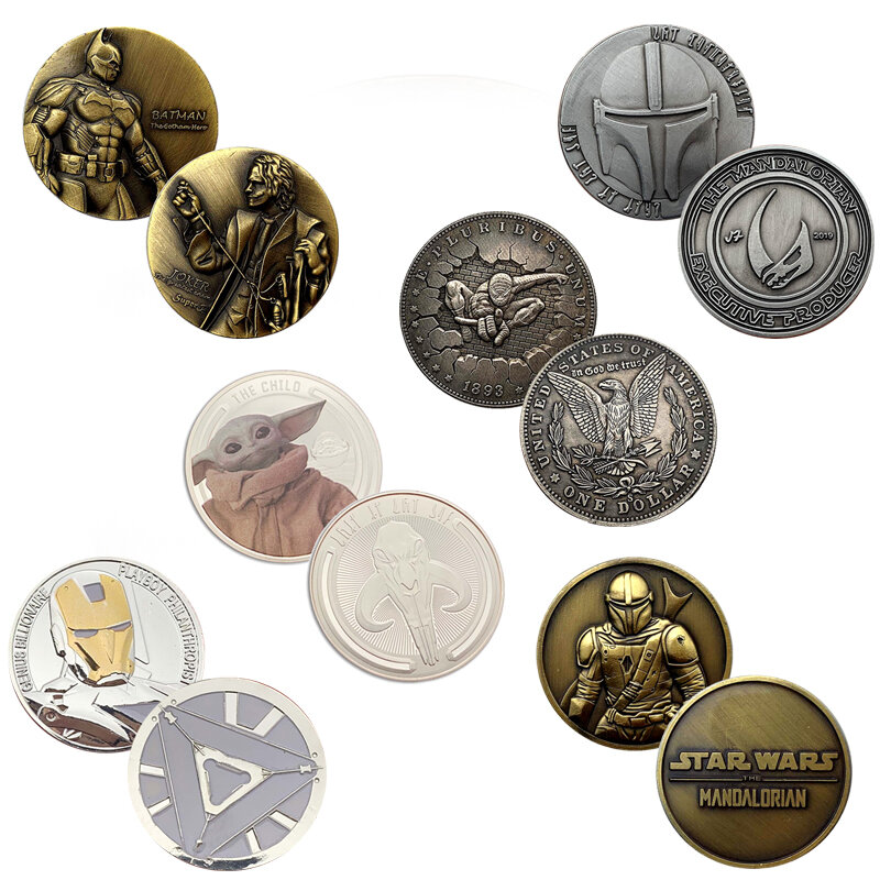 Moneda de Oro de Metal en relieve para hombre, colección de superhéroes de Batman, Iron Man, mandaloriano, Star Wars, Spiderman, 40MM