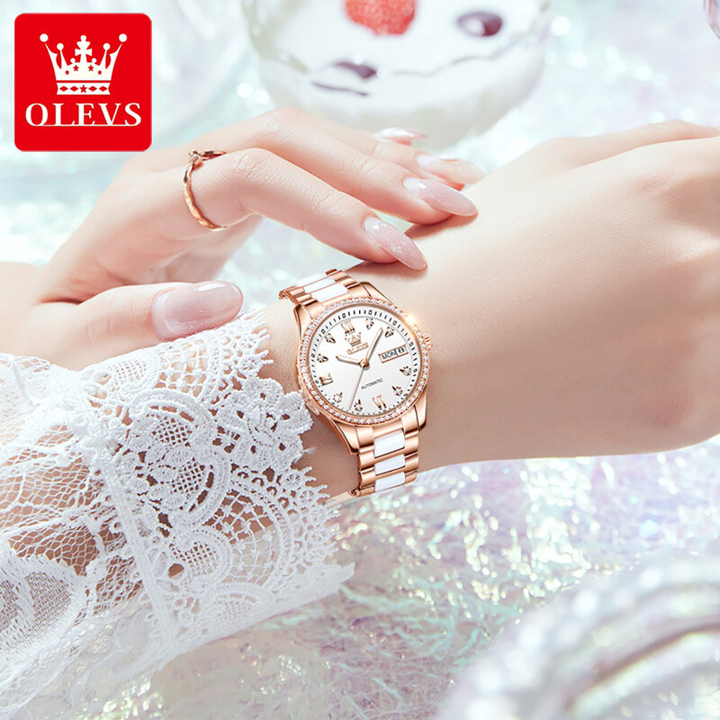 OLEVS wodoodporna moda damska zegarki na rękę w pełni automatyczny wysokiej jakości automatyczny mechaniczny pasek ceramiczny zegarek dla kobiet