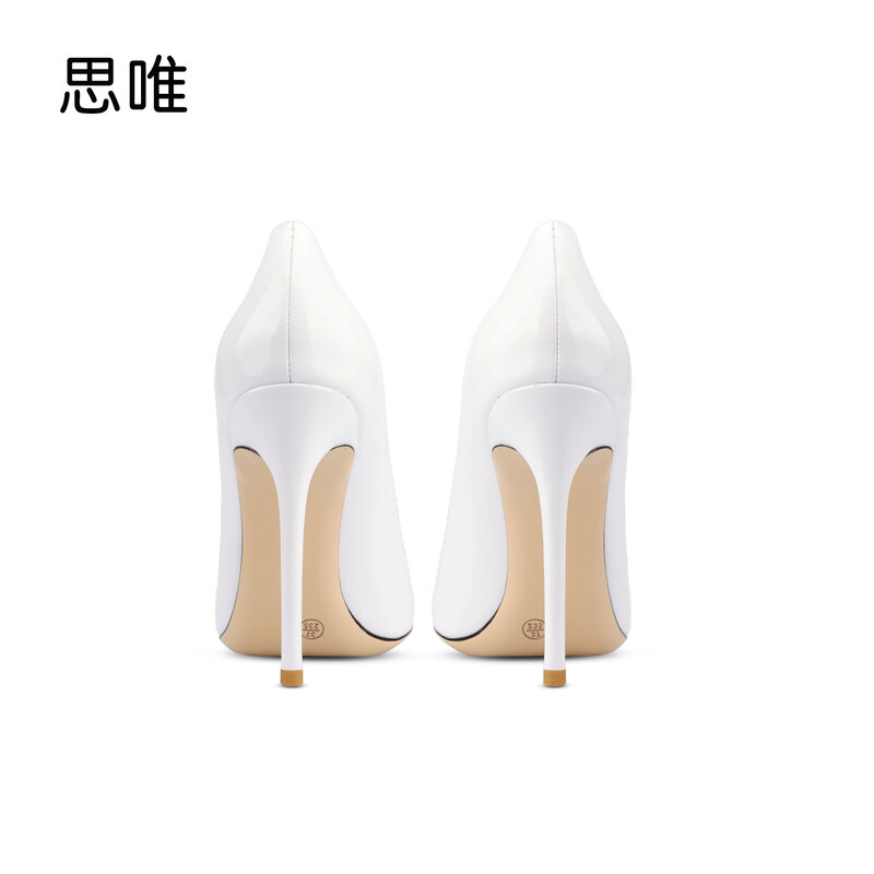 Zapatos de tacón alto blancos clásicos de cuero genuino para mujer, tacones de aguja con punta puntiaguda, Sexy, para boda, 10cm
