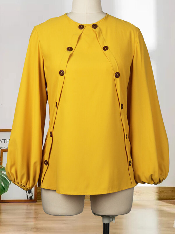 Conjunto de 2 piezas de falda y Top para mujer, blusas amarillas de manga larga con botones, decoración de oficina, ropa de trabajo para mujer, novedad de otoño