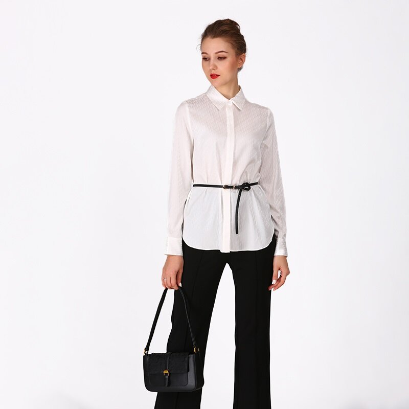 Office Ladies Mulberry Silk Blouse Fashion Female Elegant Slim White Tops With Belt Autumn Temperament Simple Casual Shirts
