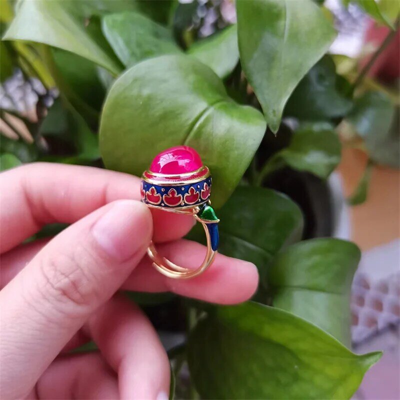 2022 Enamel Real Corundum Rings S925 Silver Cloisonne Ethnic Indian Vintage Open Red Engagement Grandma Gift Ring Fine Jewelry