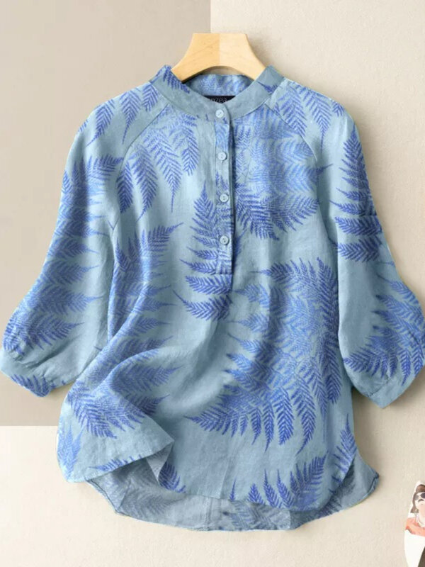 Camisa de algodón para mujer, blusa holgada de manga larga con estampado, jersey de cuello redondo, ropa para mujer 2023