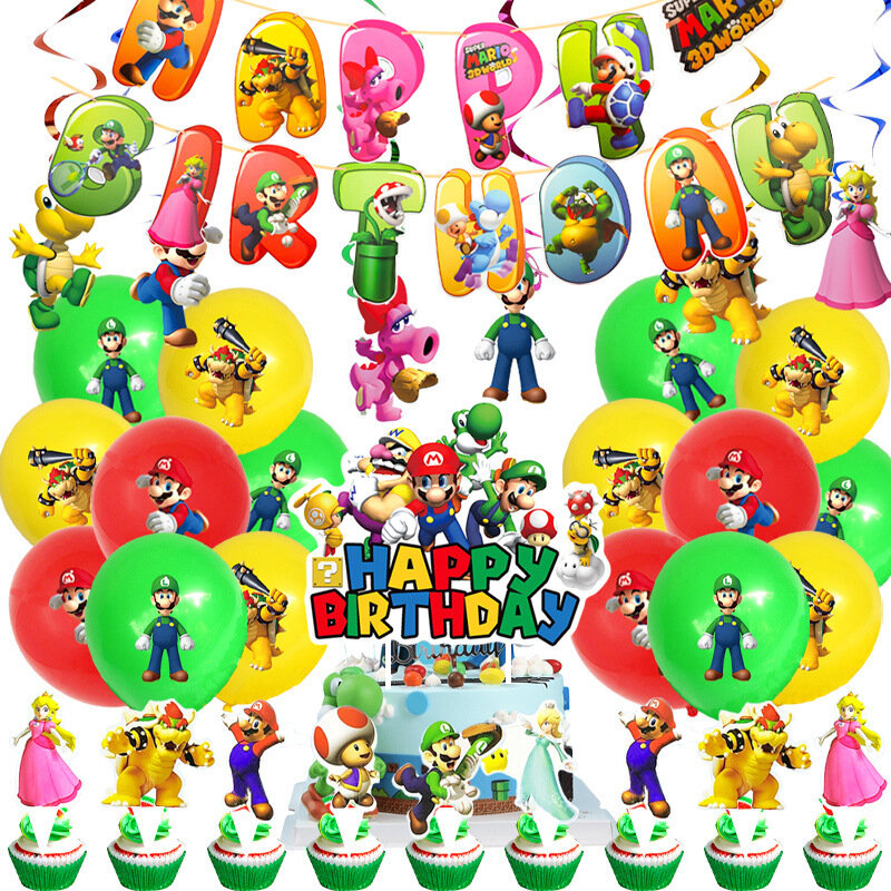 Super Marios Bro Dekorasi Pesta Ulang Tahun Spanduk Cangkir Kertas Taplak Meja Kue Puncak Balon untuk Anak-anak Laki-laki Perlengkapan Baby Shower