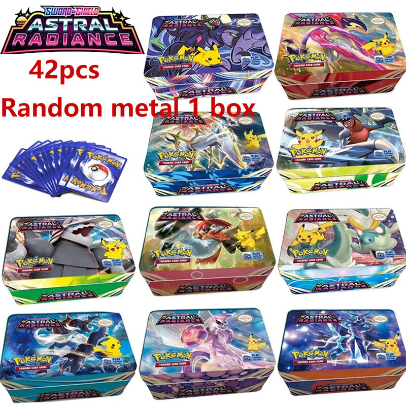 42 Pcs English Astral Radiance Iron Metal Box Pokemon Cards Arceus Vstar Vmax Card Golden Limited Game Collection Cards Toy