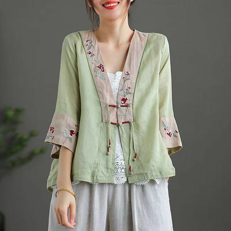 Женский тонкий кардиган с вышивкой, свободная рубашка в традиционном китайском стиле с полурукавами и V-образным вырезом, лето