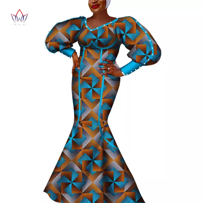 Gaun Lengan Panjang Ankara Musim Gugur untuk Wanita Gaun Pesta Pernikahan Kasual Tanggal Peals Wanita Pakaian Pesta Wanita Afrika WY8072