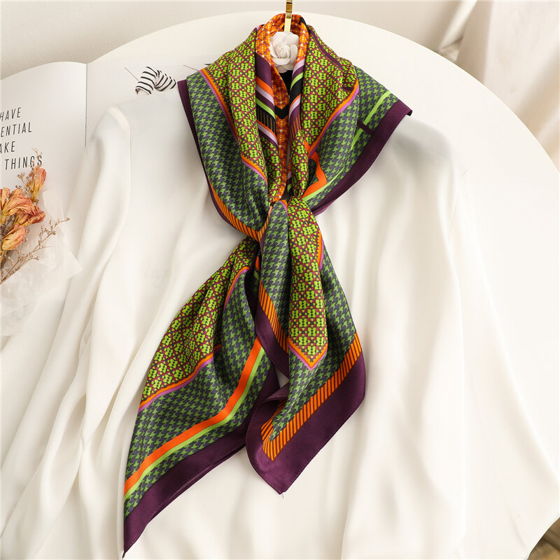 Marca de luxo quadrado sarja seda cetim cachecol hijab senhoras xadrez cores bandana lenço lenço feminino xales envoltório foulard