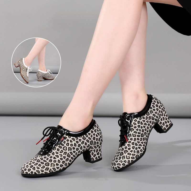 DKZSYIM Sepatu Dansa Latin Wanita Sepatu Jazz Tango Modern Sepatu Dansa Pola Macan Tutul Luar Ruangan Sneakers Tari Wanita SIZE34-41