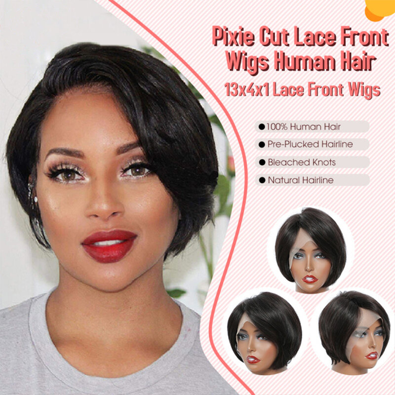 Perruque Pixie Lace Wig brésilienne Remy courte, cheveux lisses, couleur noire naturelle, pour femmes noires