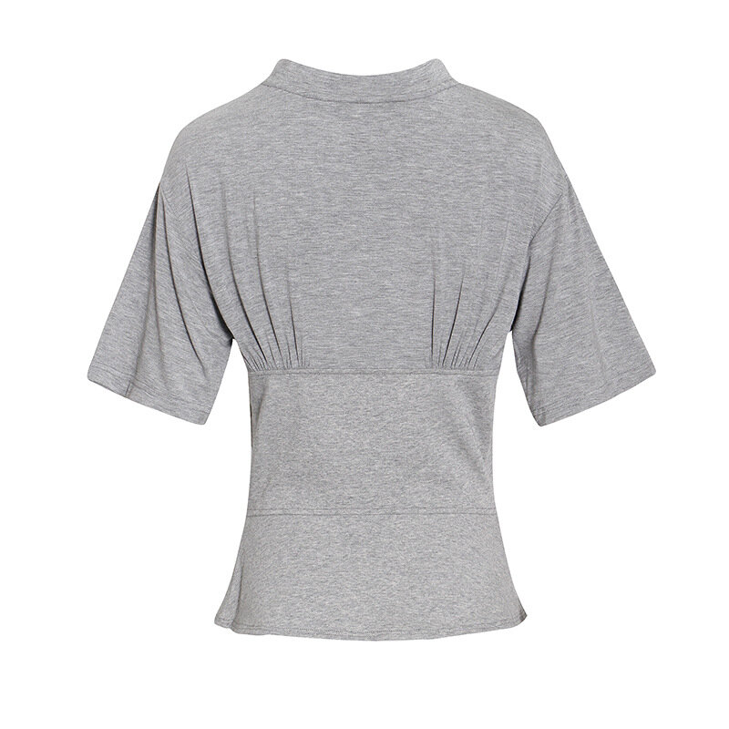 Women's Solid Color T-shirt 2022 Summer New European And American Fashion Short-Sleeved Round Neck Defined Waist Banded Gray Top