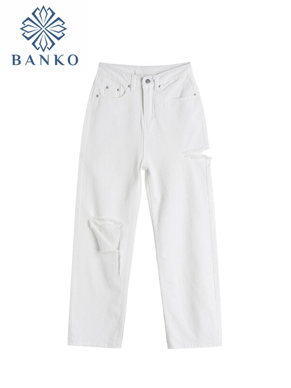 High street jeans feminino y2k cintura alta rasgado calças jeans streetwear moda casual all-match solto branco calças largas perna novo