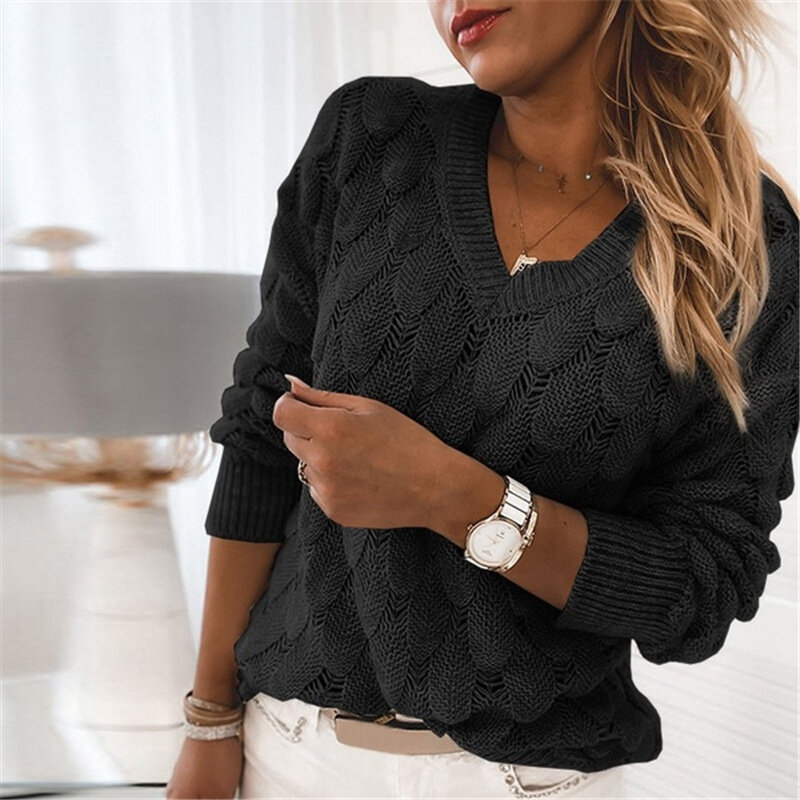 솔리드 컬러 니트 스웨터 여성용, 할로우 v넥 긴팔 스웨터, 여성 풀오버, 2023 년 신상품