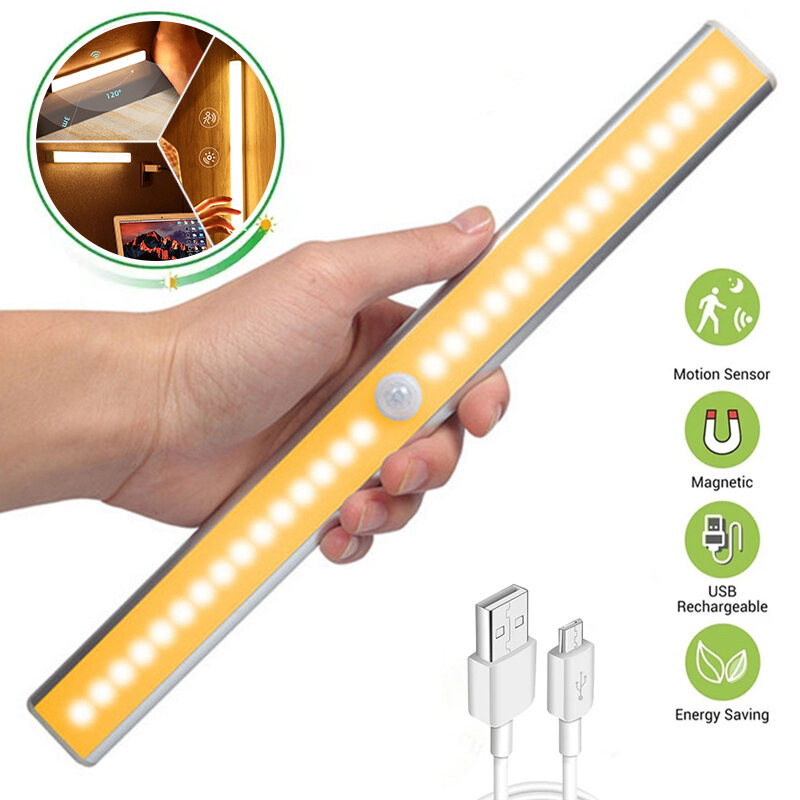 Motion Sensor ไฟ LED Light Night USB ชาร์จไฟกลางคืนสำหรับห้องครัวตู้ตู้เสื้อผ้าโคมไฟบันได Backlight