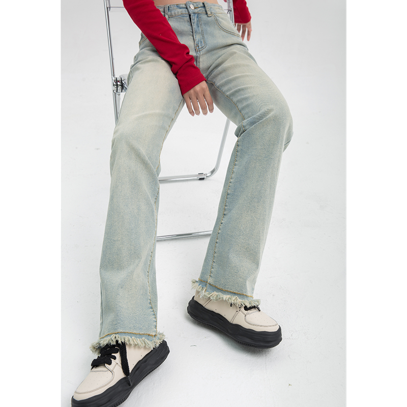 Jesień nowe damskie dna oświetlenie Vintage niebieskie dżinsy wysokiej talii prosta szeroka nogawka spodnie główna ulica Tassel Denim Trouser
