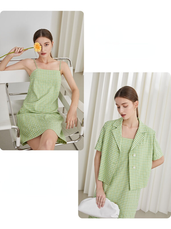 FSLE Office Lady Classic Casual Suit Jacket Women 2021 Summer New Niche Fresh Green Plaid Suit For Women Clothes