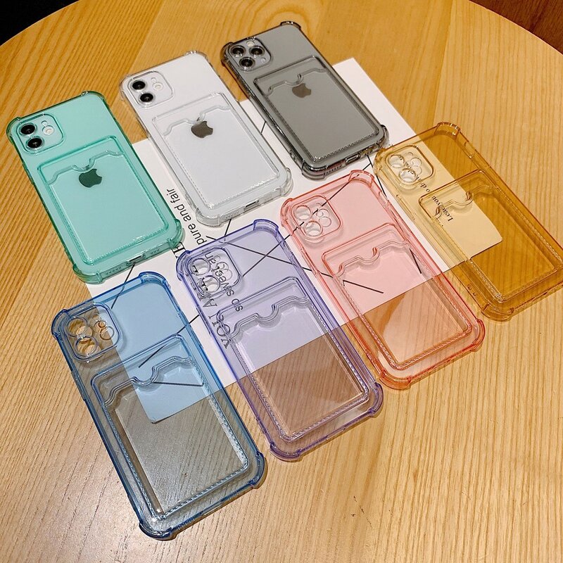Coque transparente souple antichoc avec porte-cartes pour iPhone, compatible modèles Mini X XS XR SE 7 8 Plus, 14, 13, 11, 12 Pro Max