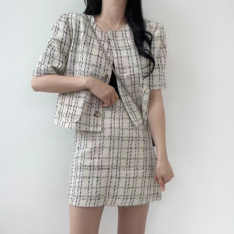 Summer New Short Sleeve Plaid Tweed Jackets Coat + High Waist Mini Skirt 2 Piece Sets Femme 2023 Women Elegant OL Clothes