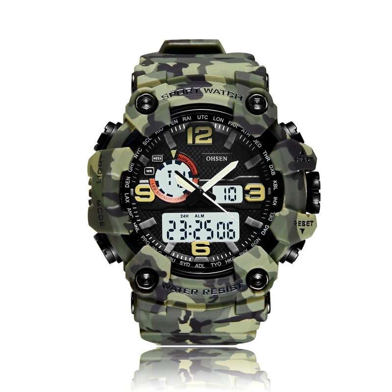 OHSEN-Montre numérique à quartz pour homme, montres-bracelets de sport vertes, montres de plongée étanches à LED pour homme, 50m