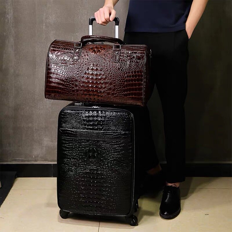 Equipaje de viaje de cuero Real con bolso de mano para hombre, maleta con patrón de cocodrilo y rueda universal de 20 pulgadas, 100%