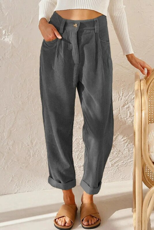 Pantalones holgados de pana de cintura alta para mujer, ropa Vintage, elegante