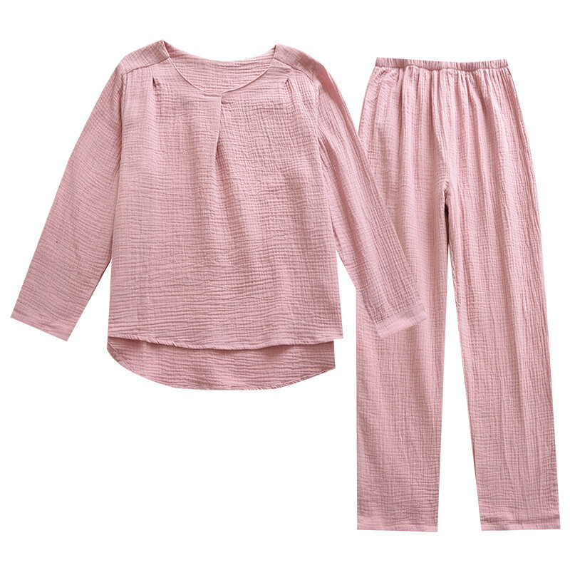 Pijamas Set Mulheres Algodão Pullover Dupla Gaze Primavera/Outono Fino Gola Calças de Manga Comprida Coreano Crepe Casa Roupas Terno