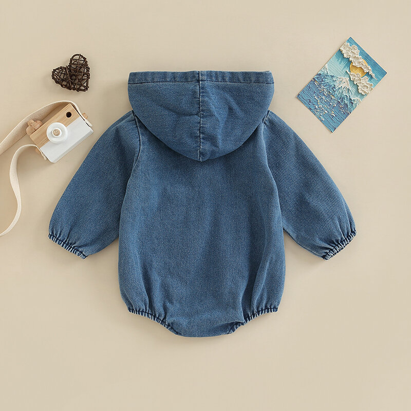 Autumn Spring Baby Girls Boys Romper Long Sleeve Solid Color Hooded Denim Bodysuit Jumpsuits Romper Clothes