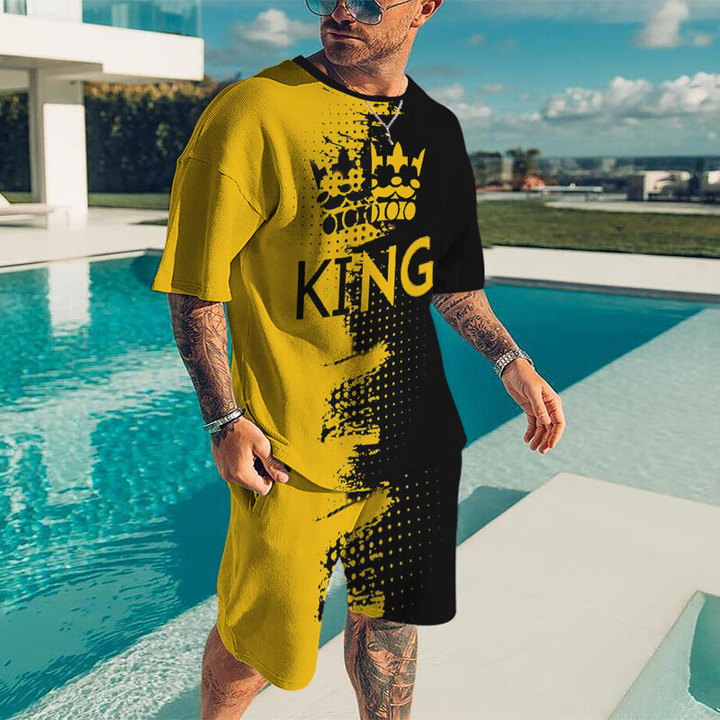 King T Shirt for Men 2022 Summer New Men's Clothing Set Fashion Shorts 3D Print Male Tracksuit Short Sleeve Shirts Harajuku