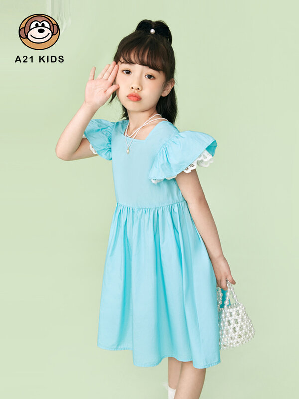 A21 Kinder Kleidung Casual Sommer Kleid 2022 Neue Mode Chic Einfarbig Drapierte Square Neck Rüschen Kurzarm EIN Saum kleider