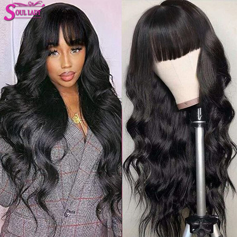 Body Wave Human Hair Wig With Bangs Brazilian 30 Inch Body Wave Wig Fringe Glueless Full Machine Wigs For Women Soul Lady Hair