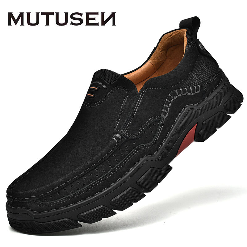Genuine Leather Casual Men Shoes Slip-ons Black Loafers Man Business Dress Old Men Comfortable Classic Mens Shoes 46