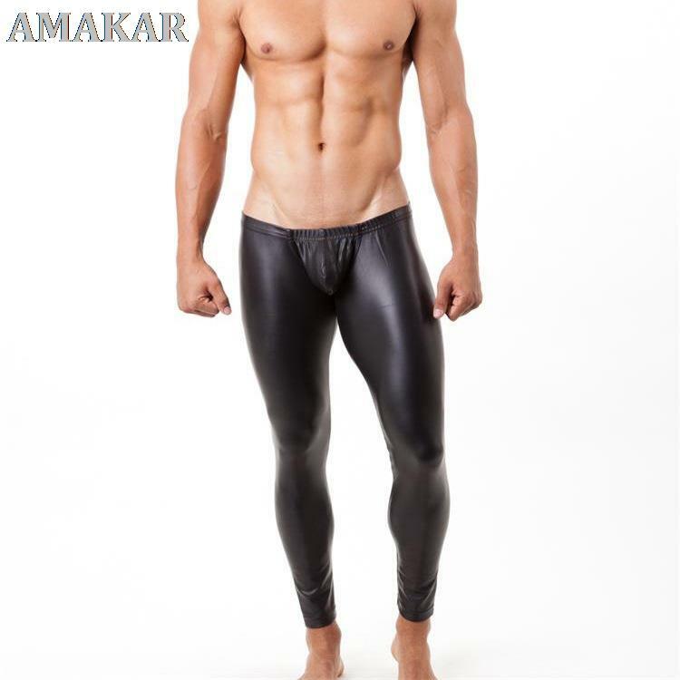 Mallas sexys para hombre, pantalones ajustados de piel sintética, color negro, a la moda