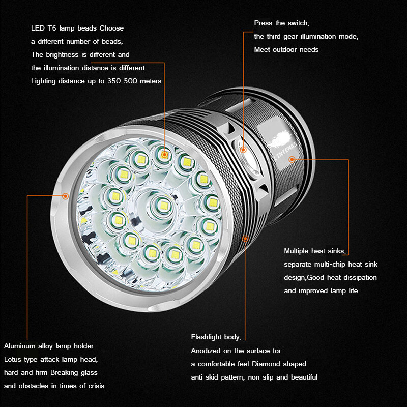 Potente linterna LED 18xT6 de aleación de aluminio, linterna súper brillante, reflector impermeable, amplio rango de uso, alta potencia