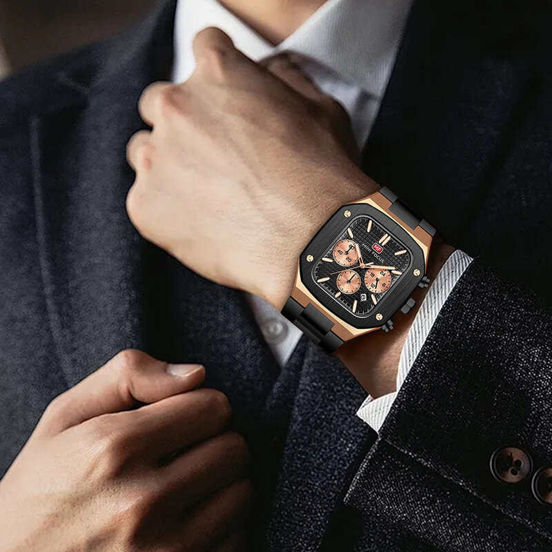 MINI FOKUS Mode Rechteck Sport Uhr für Männer Quarz Armbanduhren Multifunktions Sub-Dials Kalender Edelstahl Band Uhr