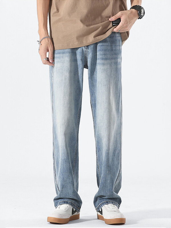 Летние светильник и тонкие мужские прямые джинсы из дышащего хлопка с лиоцеллом, повседневные синие широкие джинсовые брюки большого размера, мешковатые джинсы