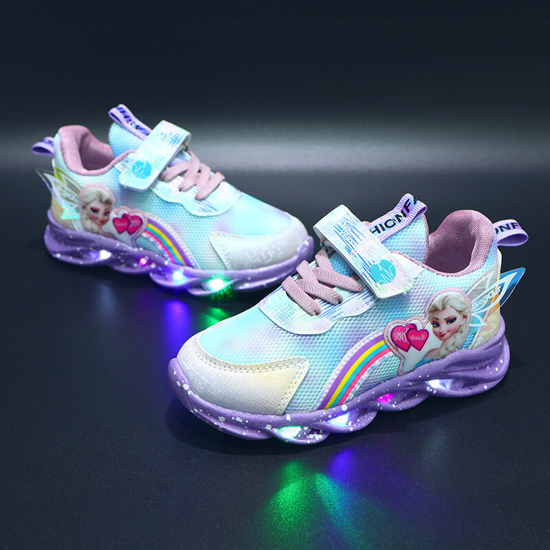 Tênis infantil luminoso da disney, calçado respirável, com luz led, modelo anna e elsa, para meninas