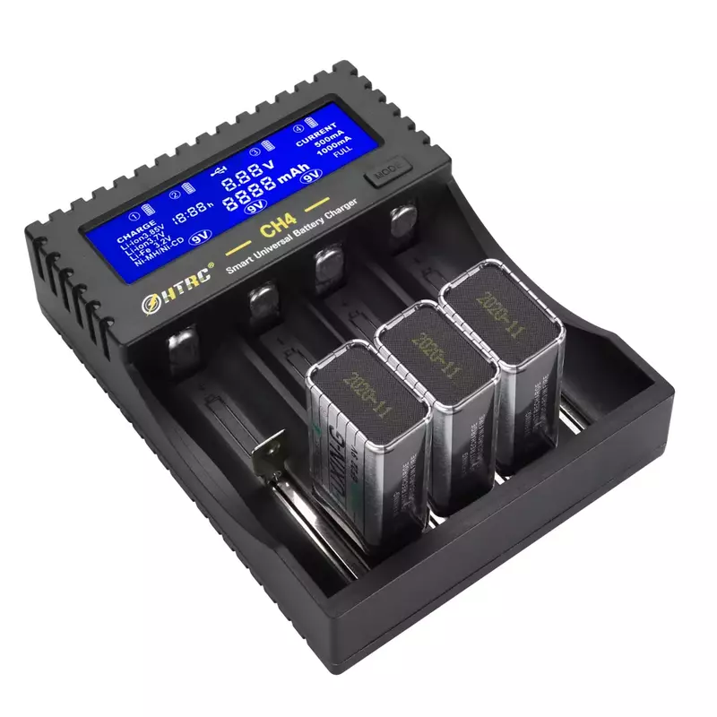 Htrc 4 slots carregador de bateria lcd carregador inteligente para li-ion li-fe ni-mh ni-cd aa/aaa/26650/6f22/16340/9v 18650 carregador de bateria
