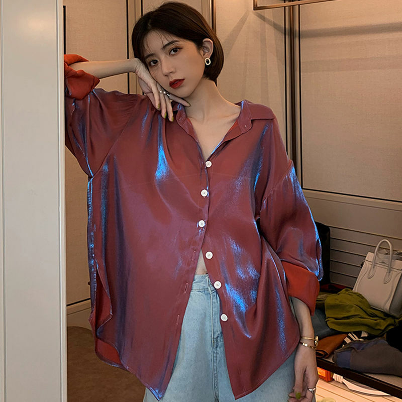 Deeptown Vintage Women's Shirts 2021 Elegant Blouses Korean Fashion Sexy Button Up Solid Clothes Party Long Sleeve Sequin Top