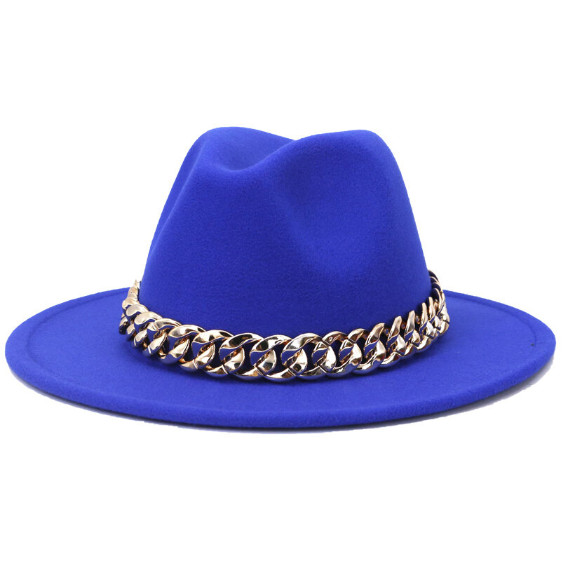 Blau Fedora Hüte Für Frauen Wolle Breite Krempe Dicken Gold Kette Männer Vintage Kirche Jazz Party Top Caps Panama Luxus damen Filz Hüte