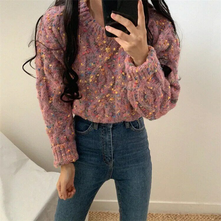 New Oversized Candy Contrast Color Dot Coarse Knitted Sweater Women Long Sleeves O Neck Pullover Sweater Casual Knitted 71FP