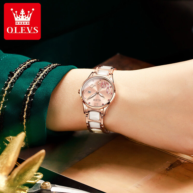 Olevs moda cerâmica rosa ouro diamante-incrustado mulher relógio de pulso pulseira cerâmica quartzo relógio à prova dluminous água para mulher luminosa