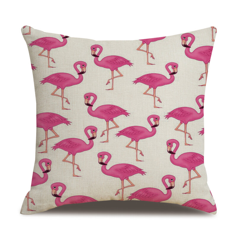 ZHENHE Cartoon Flamingo Print Pattern Linen Pillow Case Home Decoration Cushion Cover Bedroom Sofa Decor Pillow Cover 18x18 Inch