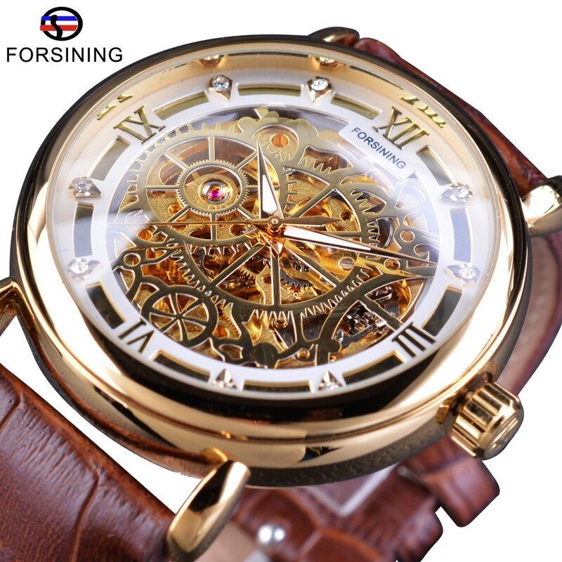 Forsining-Relógio de esqueleto automático de trabalho aberto transparente masculino, design real clássico, couro marrom, dourado, marca de topo, moda