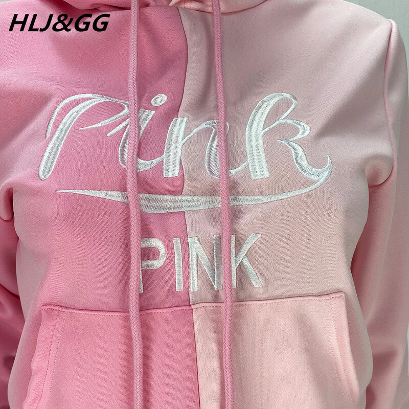 HLJ&GG Embroidery Splicing Sports Two Piece Women PINK Letter Print Hoodie + Long Pants Tracksuits Fashion 2pcs Streetwear 2022