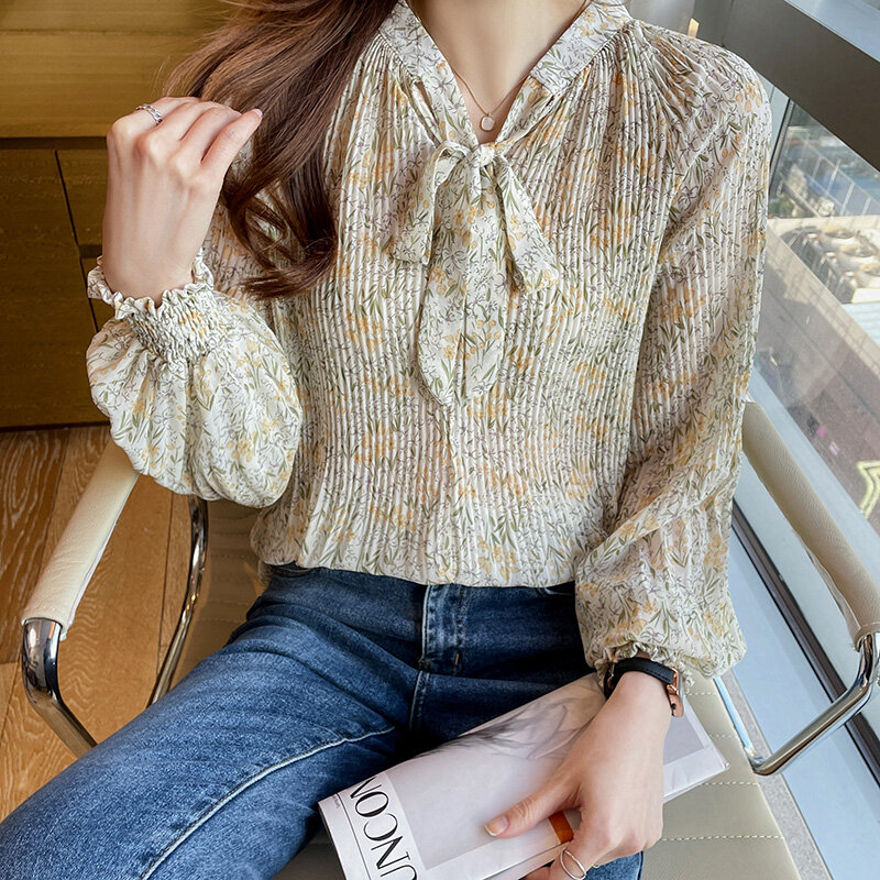 Primavera chiffon camisa feminina superior feminino com decote em v lanterna manga longa solta camisa fina moda coreana camisas mujer