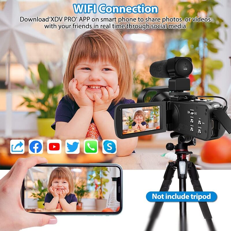 마이크가 있는 디지털 비디오 카메라 전문 4K 캠코더, 라이브 스트림 WiFi Vloger Youtube 나이트 비전 48MP 사진