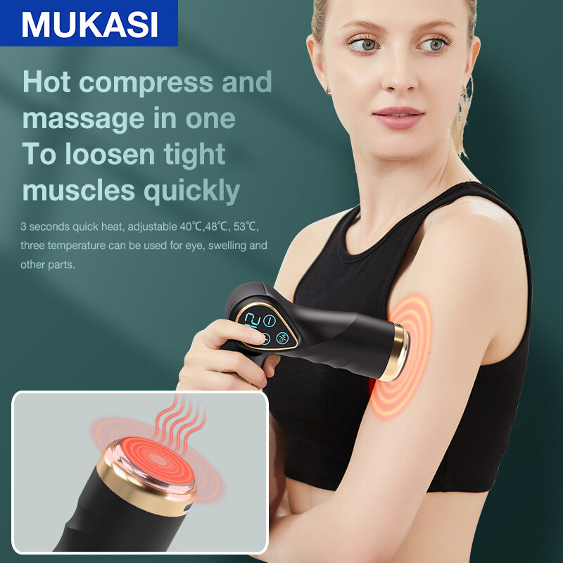 MUKASI-pistola de masaje de compresión caliente plegable, masajeador eléctrico de cuello muscular con pantalla LCD, para relajación corporal, alivio del dolor y terapia del dolor